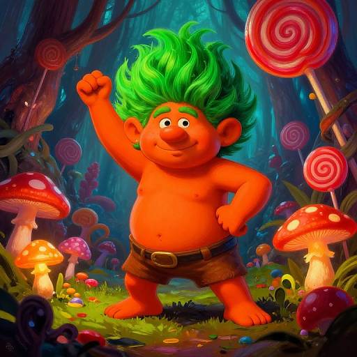 Vibrant digital illustration of a red-skinned, green-haired, chubby, shirtless fairy boy with brown shorts, flexing in a whimsical