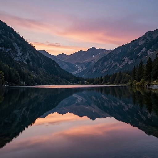 Photograph of a serene mountain lake at sunset, reflecting vibrant pink and purple sky, surrounded by dark, forested hills.