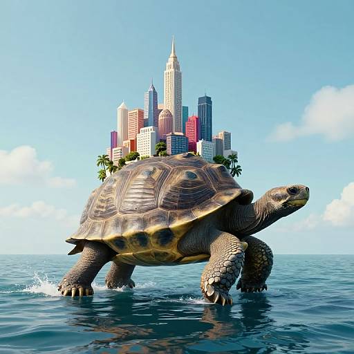 Digital illustration of a giant turtle with a city of skyscrapers on its back, swimming in a blue ocean under a clear sky.