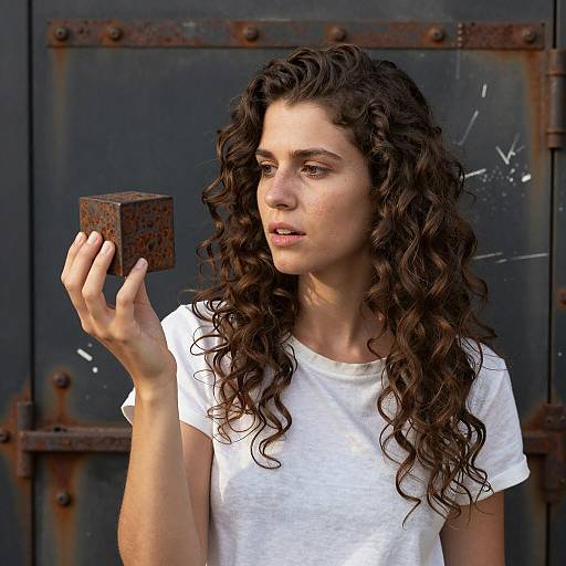 Woman Holding Rusty Cube by Metal Door