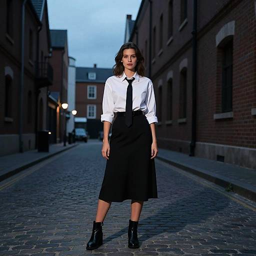 Photograph of a young woman with wavy brown hair, wearing a white blouse, black tie, and black skirt with ankle boots, standing on a