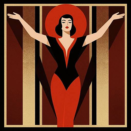 Art Deco-style digital illustration of a black-haired woman with red halo, arms raised, wearing a black and red dress, against vertical brown and beige