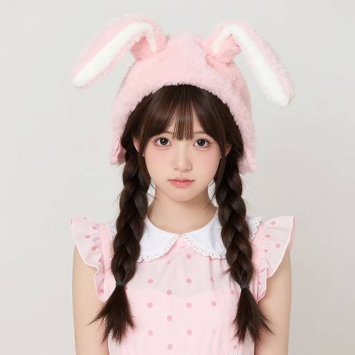 Photograph of an Asian girl with long black braids, wearing a fluffy pink bear hat and pink polka-dot dress, against a white background.