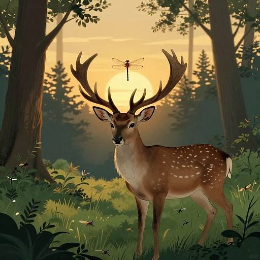 Digital artwork of a majestic deer with large antlers, standing in a sunlit forest at sunset, surrounded by butterflies and a dragonfly.