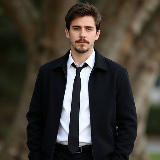 Photograph of a young man with short dark hair, stubble, wearing a black suit, white shirt, and black tie, standing outdoors against a