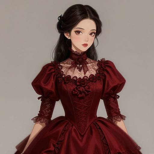 Digital illustration of an elegant Asian woman with pale skin, black hair in a bun, wearing a gothic maroon lace dress with puffed sleeves and