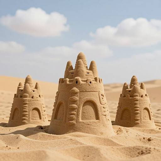 Photograph of three sandcastle towers with cylindrical turrets and arched entrances, set in a sunlit, sandy desert landscape under a blue sky with