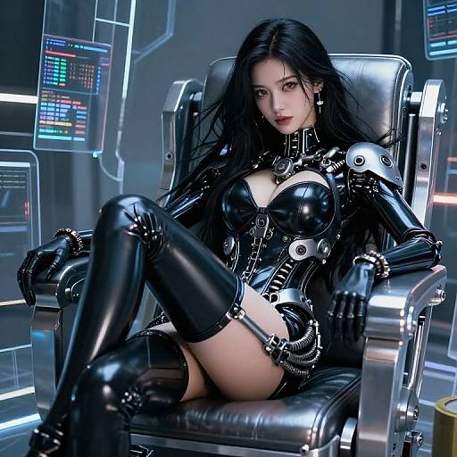 Digital artwork of a cyberpunk woman with long black hair, wearing black latex armor and thigh-high boots, sitting in a futuristic metallic chair with glowing control