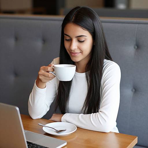 Photograph of a young woman with long black hair, wearing a white long-sleeve shirt, sipping from a white coffee cup at a wooden
