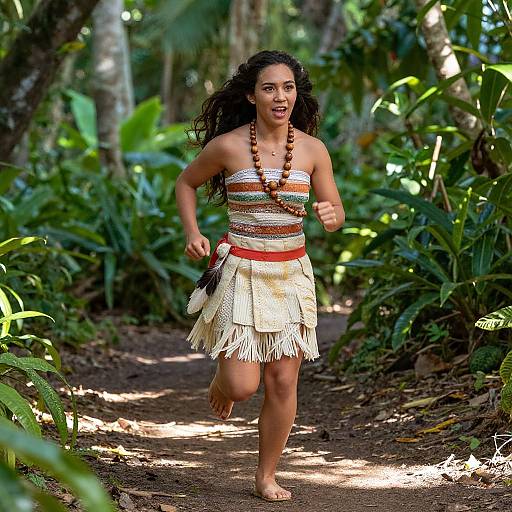 Photograph of a young woman with curly black hair running on a forest path, wearing a striped top, white fringed skirt, and bead necklace,