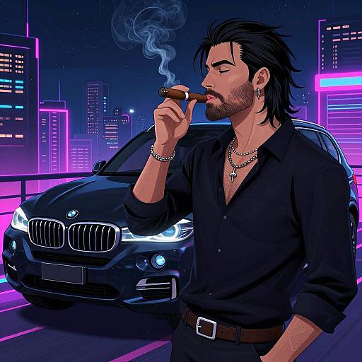 Neon Synthwave Man Smoking by BMW