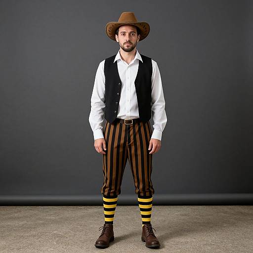 Photograph of a bearded man in white shirt, black vest, brown striped pants, yellow-striped socks, brown hat, and brown shoes.