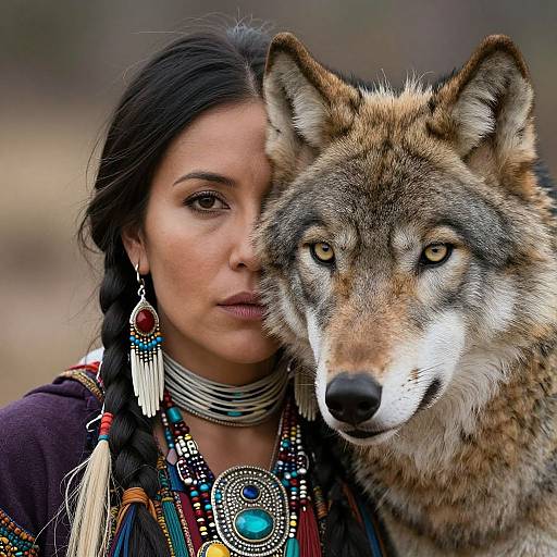 Photograph of a Native American woman with dark hair in braids, wearing colorful beadwork and jewelry, standing closely beside a grey wolf with piercing yellow