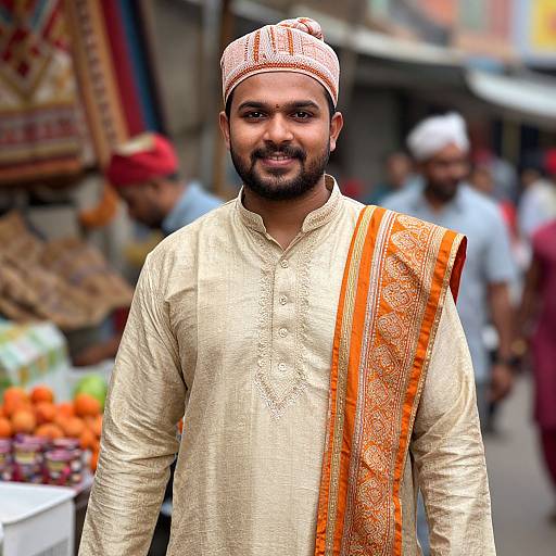 Photograph of a bearded South Asian man in traditional cream kurta with orange patterned sash, white and red cap, standing in a busy
