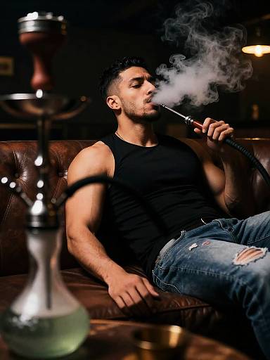 Cinematic Shisha Portrait on Leather Sofa