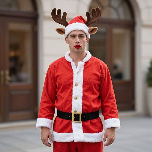 Photograph of a man in a red Santa suit with white trim, black belt, reindeer antlers, and red lipstick, standing in front of