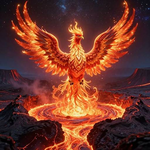 Digital art of a fiery phoenix with outstretched wings, standing in a glowing, circular lava pool under a starry night sky.