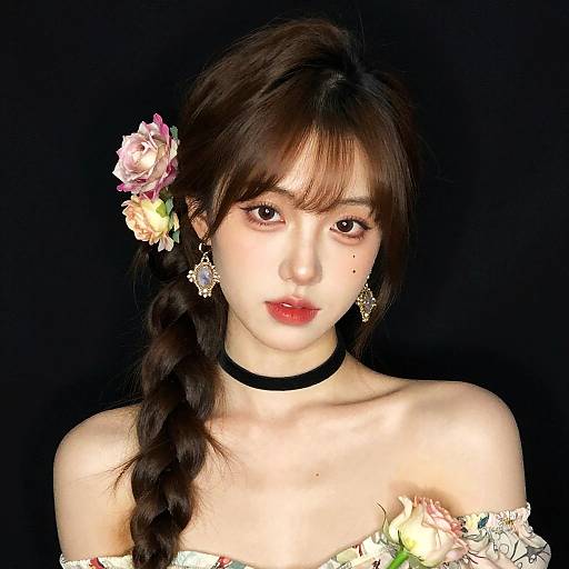 Photograph of an Asian woman with fair skin, dark brown hair in a braid, adorned with pink and yellow flowers, wearing a black choker