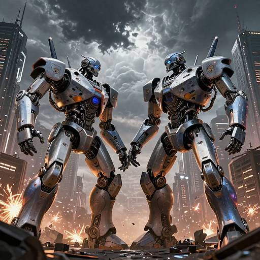 Digital artwork of two metallic, humanoid robots standing back-to-back in a war-torn cityscape, with tall skyscrapers and explosive fireballs under