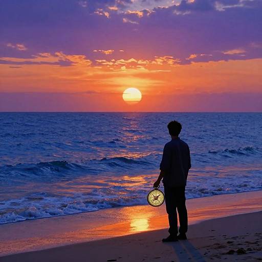 Photograph of a silhouetted person holding a lantern, standing on a beach at sunset, with vibrant orange and purple sky.