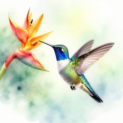Photograph of a vibrant hummingbird with iridescent blue and green feathers hovering near a vivid red and orange bird of paradise flower.