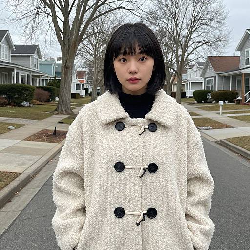 Photograph of an Asian woman with straight black hair, wearing a white, textured, double-button coat, standing on a suburban street with bare trees and