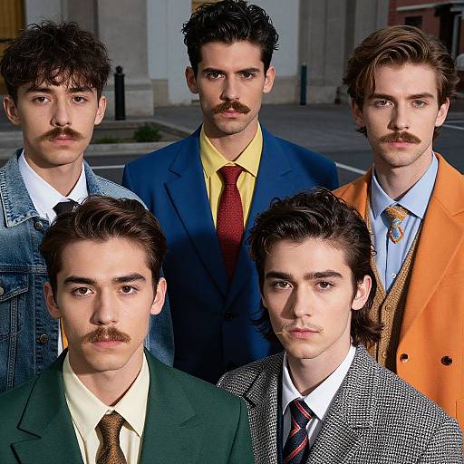 Photograph of five young men with mustaches, diverse outfits (jeans, suits, jackets), standing outdoors, urban background, various hairstyles, serious