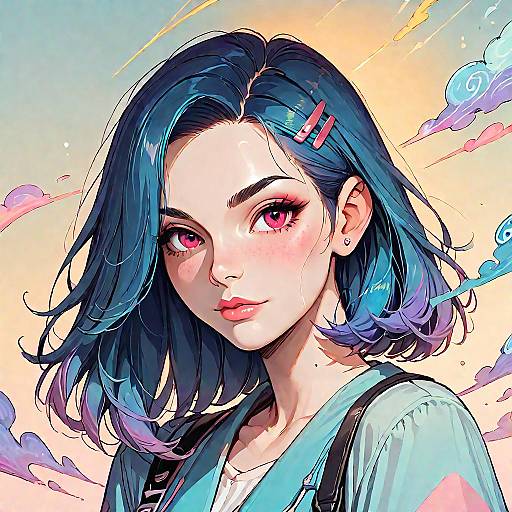 Digital anime-style portrait of a blue-haired woman with pink eyes, red hairpins, and a blue shirt, set against a colorful sunset sky with clouds