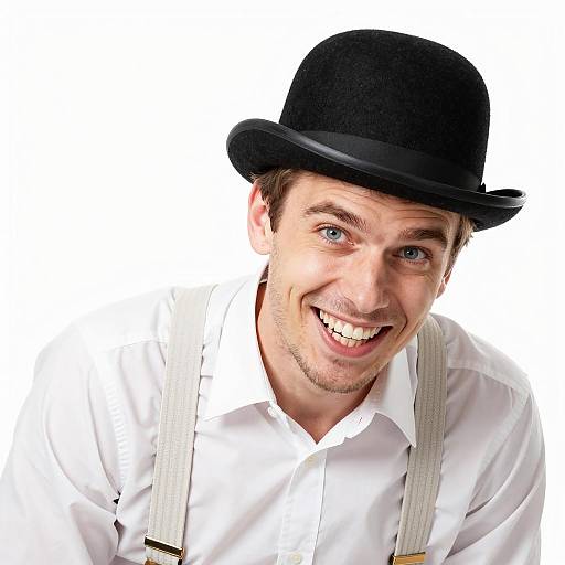 Smiling man in black bowler hat and suspenders