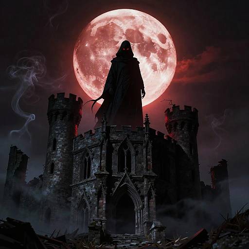 Silhouetted hooded figure stands on ruined castle against bright red full moon, surrounded by dark clouds and smoke. Gothic horror digital art.
