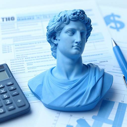 Photograph of a blue-tinted classical marble bust of a young man with curly hair, placed on musical notes and beside a calculator and pencil.