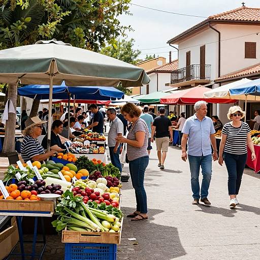 Photograph of a bustling outdoor market with colorful produce under blue and red umbrellas; people shopping, dressed casually, on a sunny day in a quaint