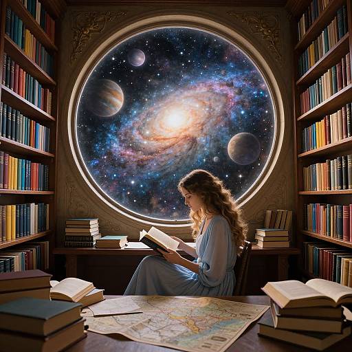 Photograph-style digital art: Curly-haired woman in blue dress, reading in book-filled room, large circular window showing vibrant galaxy with planets.