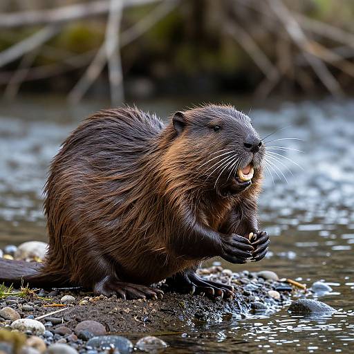 Photograph of a brown beaver with wet fur, standing on rocky riverbank, holding food in its paws, near flowing water.