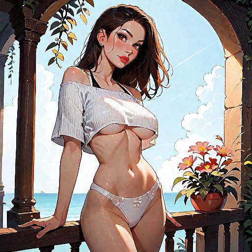Brunette Woman in White Crop Top on Mediterranean Balcony