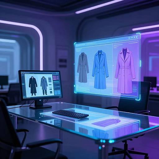 Futuristic design studio: Neon-lit glass desk with glowing blue monitors showing coat designs, keyboard, and chair, in a sleek, modern room