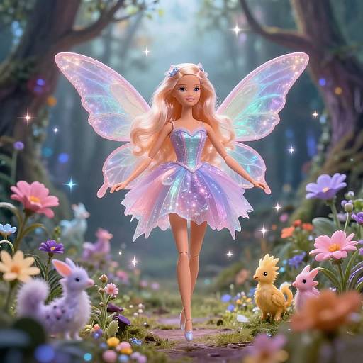 Digital illustration of a blonde fairy princess with iridescent wings, wearing a sparkling blue dress, walking through a magical forest filled with colorful flowers and spark