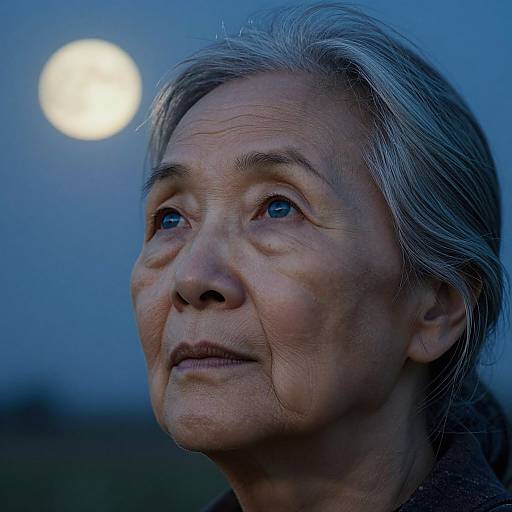Photograph of an elderly Asian woman with gray hair, looking up at a full moon in a blue twilight sky. Her expression is contemplative, highlighting