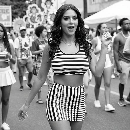 Black-and-white photograph of a smiling woman with long, wavy hair, wearing a striped crop top and high-waisted striped skirt, standing amidst