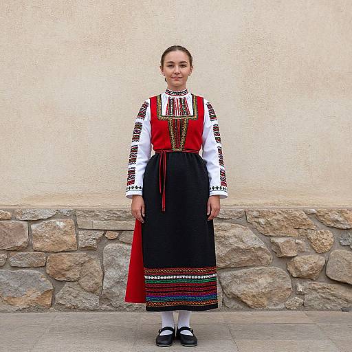 Photograph of a young woman with light brown hair in a traditional Bulgarian outfit: white long-sleeve blouse, red bodice, black skirt,