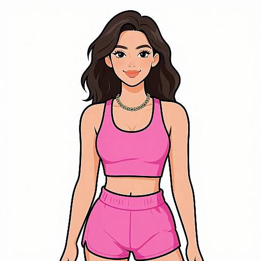 Digital illustration of a smiling woman with long black hair, wearing a pink sports bra and matching high-waisted shorts, and a gold chain necklace,