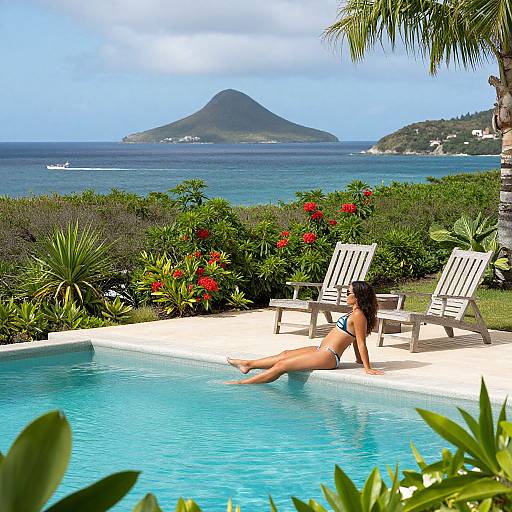 Photograph of a woman in a blue bikini, sitting at the edge of a turquoise pool, overlooking a lush island with a mountain, surrounded by vibrant