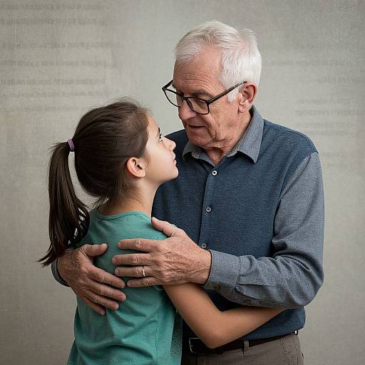 Photograph of an elderly white man with white hair and glasses, hugging a young girl with brown hair in a ponytail, both wearing casual clothing