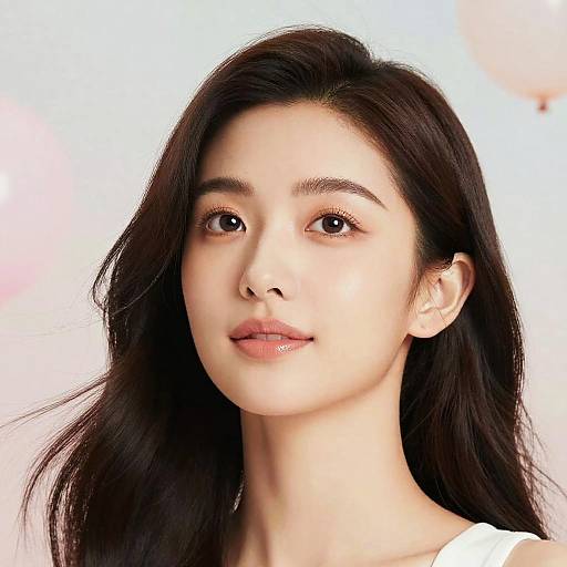 Photorealistic portrait of an East Asian woman with long, dark brown hair, fair skin, and subtle makeup, wearing a white top, against a