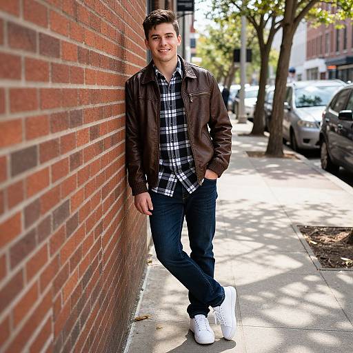 Photograph of a smiling young man with short brown hair, wearing a brown leather jacket, black plaid shirt, dark jeans, and white sneakers,