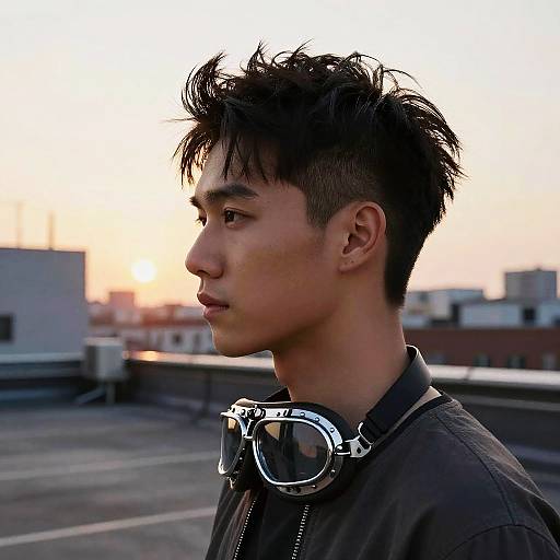Photograph of an Asian teenager with spiked black hair, wearing a black jacket and silver headphones, profile view, rooftop sunset background.