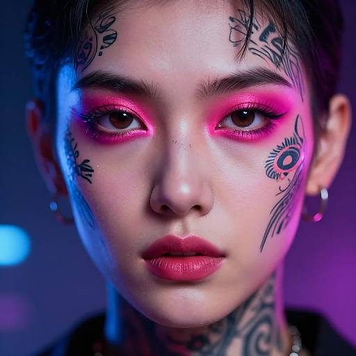 Photograph of a tattooed woman with glowing pink eye makeup, black ink designs on face and neck, piercing gaze, and intense purple-blue background.