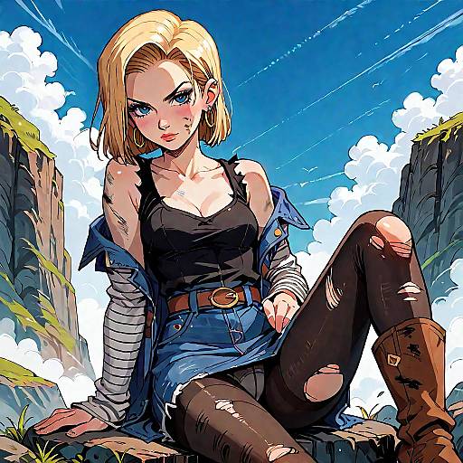Anime Style Blonde Woman Sitting on Rock