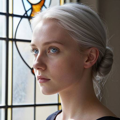 Photograph of a fair-skinned woman with silver hair in a bun, blue eyes, and subtle makeup, looking to the left in soft light from