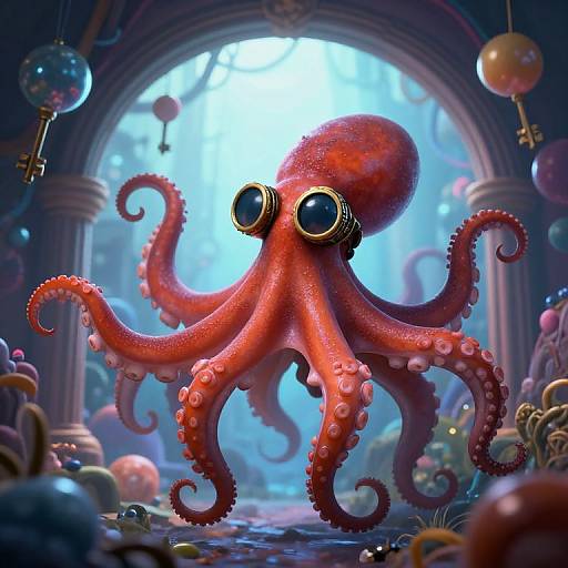 Digital artwork of a large, red octopus with big black eyes standing in an underwater, archway-lit room filled with colorful sea creatures.
